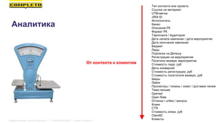 Аналитика
Тип контента или проекта
Ссылка на материал
UTM-метки
JIRA ID
Исполнитель
Канал
Описание РК
Формат РК
Таргетинги / Аудитория
Дата начала кампании / дата мероприятия
Дата окончания кампании
Бюджет
Лиды
Подписка на Депешу
Регистрации на мероприятие
Посетили вживую мероприятие
Стоимость лида, руб
Даты конверсий
Стоимость регистрации, руб
Стоимость посетителя вживую, руб
Шеры
Лайки
Просмотры / показы / охват / доставки писем
Тема письма
Opened
Open Rate
Отписки / unlike / минусы
Клики
CTR
Стоимость клика, руб
ClientID
Клиенты
От контента к клиентам
Маркетинговая группа Комплето | +7 (495) 640-89-97 | www.completo.ru
 