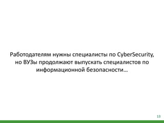 13
Работодателям нужны специалисты по CyberSecurity,
но ВУЗы продолжают выпускать специалистов по
информационной безопасности…
 