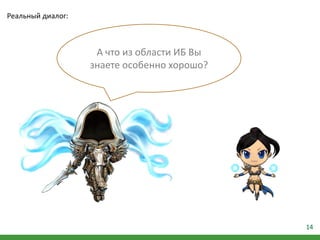 14
А что из области ИБ Вы
знаете особенно хорошо?
Реальный диалог:
 