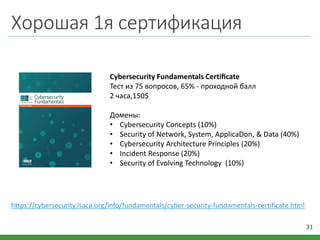Хорошая 1я сертификация
31
Cybersecurity Fundamentals Certiﬁcate
Тест из 75 вопросов, 65% - проходной балл
2 часа,150$
Домены:
• Cybersecurity Concepts (10%)
• Security of Network, System, ApplicaDon, & Data (40%)
• Cybersecurity Architecture Principles (20%)
• Incident Response (20%)
• Security of Evolving Technology (10%)
https://cybersecurity.isaca.org/info/fundamentals/cyber-security-fundamentals-certificate.html
 