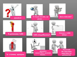 Дізнайся!
Я допоможу тобі!
Ти станеш кращим
Ти тільки поглянь, це
цікаво…
Тобі сподобалось?
Дізнайся
самостійно, розкажи
іншим..
Пам'ятай!
Ми партнери,
звертайся за
допомогою
Опануй, в тебе
вийде..
Щось важливе?
 