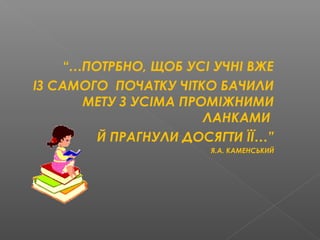 “…ПОТРБНО, ЩОБ УСІ УЧНІ ВЖЕ
ІЗ САМОГО ПОЧАТКУ ЧІТКО БАЧИЛИ
МЕТУ З УСІМА ПРОМІЖНИМИ
ЛАНКАМИ
Й ПРАГНУЛИ ДОСЯГТИ ЇЇ…”
Я.А. КАМЕНСЬКИЙ
 
