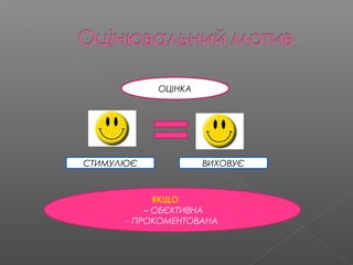 ОЦІНКА
ЯКЩО
– ОБЄКТИВНА
- ПРОКОМЕНТОВАНА
СТИМУЛЮЄ ВИХОВУЄ
 