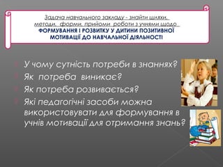  У чому сутність потреби в знаннях?
 Як потреба виникає?
 Як потреба розвивається?
 Які педагогічні засоби можна
використовувати для формування в
учнів мотивації для отримання знань?
Задача навчального закладу - знайти шляхи,
методи, форми, прийоми роботи з учнями щодо
ФОРМУВАННЯ І РОЗВИТКУ У ДИТИНИ ПОЗИТИВНОЇ
МОТИВАЦІЇ ДО НАВЧАЛЬНОЇ ДІЯЛЬНОСТІ
 