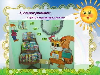 3) Речевое развитие:3) Речевое развитие:
- Центр «Здравствуй, книжка!»
 