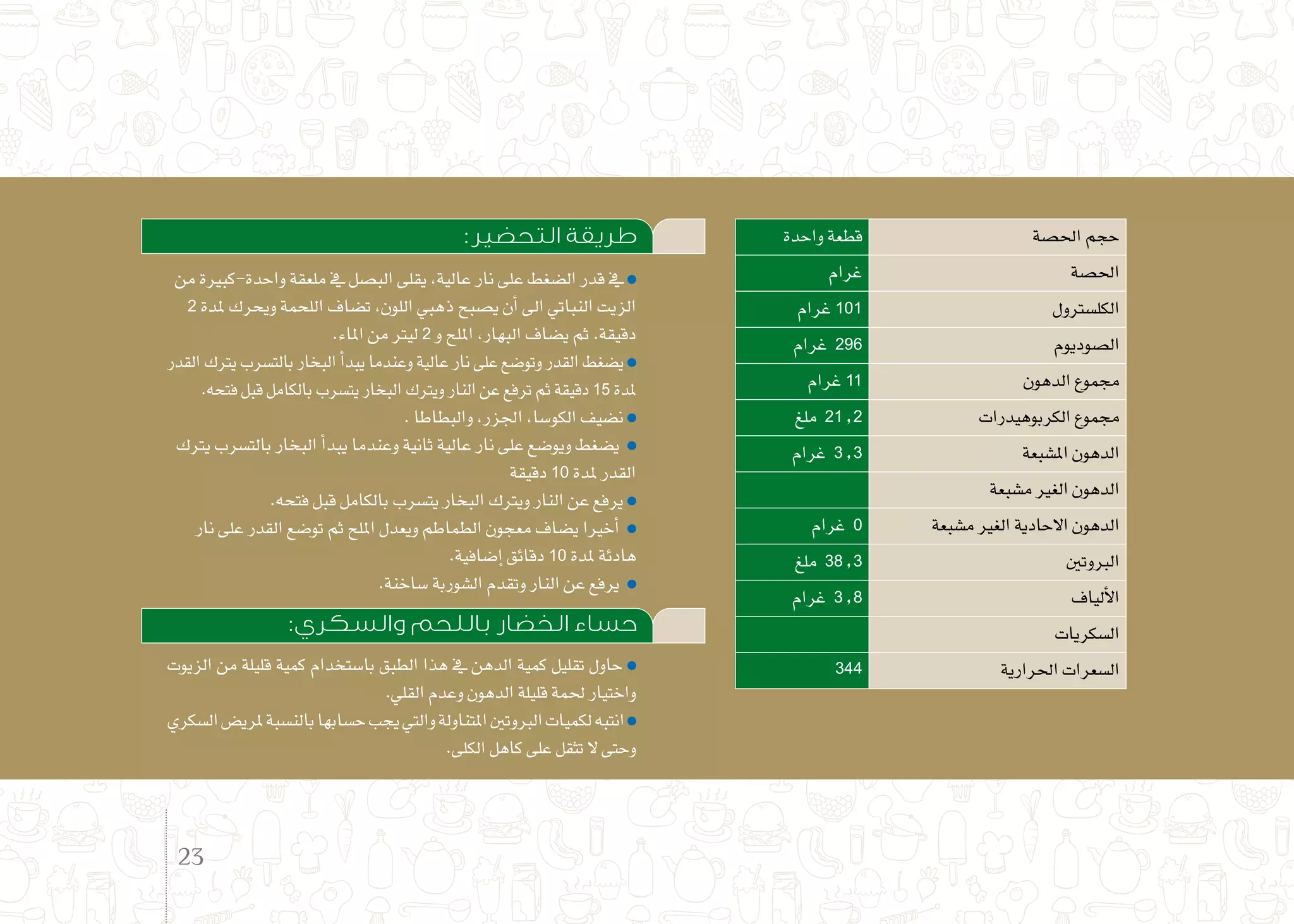 :‫التحضير‬ ‫طريقة‬
‫من‬ ‫واحدة-كبرية‬ ‫ملعقة‬ ‫يف‬ ‫الب�صل‬ ‫يقلى‬ ،‫عالية‬ ‫نار‬ ‫على‬ ‫ال�ضغط‬ ‫قدر‬ ‫يف‬
2 ‫ملدة‬ ‫ويحرك‬ ‫اللحمة‬ ‫ت�ضاف‬ ،‫اللون‬ ‫ذهبي‬ ‫ي�صبح‬ ‫أن‬� ‫اىل‬ ‫النباتي‬ ‫الزيت‬
.‫املاء‬ ‫من‬ ‫ليرت‬ 2 ‫و‬ ‫امللح‬ ،‫البهار‬ ‫ي�ضاف‬ ‫ثم‬ .‫دقيقة‬
‫القدر‬‫يرتك‬‫بالت�سرب‬‫البخار‬‫أ‬�‫يبد‬‫وعندما‬‫عالية‬‫نار‬‫على‬‫وتو�ضع‬‫القدر‬‫ي�ضغط‬
.‫فتحه‬‫قبل‬‫بالكامل‬‫يت�سرب‬‫البخار‬‫ويرتك‬‫النار‬‫عن‬‫ترفع‬‫ثم‬‫دقيقة‬15 ‫ملدة‬
. ‫والبطاطا‬ ،‫اجلزر‬ ،‫الكو�سا‬ ‫ن�ضيف‬
‫يرتك‬ ‫بالت�سرب‬ ‫البخار‬ ‫أ‬�‫يبد‬ ‫وعندما‬ ‫ثانية‬ ‫عالية‬ ‫نار‬ ‫على‬ ‫ويو�ضع‬ ‫ي�ضغط‬
‫دقيقة‬ 10 ‫ملدة‬ ‫القدر‬
.‫فتحه‬ ‫قبل‬ ‫بالكامل‬ ‫يت�سرب‬ ‫البخار‬ ‫ويرتك‬ ‫النار‬ ‫عن‬ ‫يرفع‬
‫نار‬ ‫على‬ ‫القدر‬ ‫تو�ضع‬ ‫ثم‬ ‫امللح‬ ‫ويعدل‬ ‫الطماطم‬ ‫معجون‬ ‫ي�ضاف‬ ‫أخريا‬�
.‫إ�ضافية‬� ‫دقائق‬ 10 ‫ملدة‬ ‫هادئة‬
.‫�ساخنة‬ ‫ال�شوربة‬ ‫وتقدم‬ ‫النار‬ ‫عن‬ ‫يرفع‬
:‫والسكري‬ ‫باللحم‬ ‫الخضار‬ ‫حساء‬
‫الزيوت‬ ‫من‬ ‫قليلة‬ ‫كمية‬ ‫با�ستخدام‬ ‫الطبق‬ ‫هذا‬ ‫يف‬ ‫الدهن‬ ‫كمية‬ ‫تقليل‬ ‫حاول‬
.‫القلي‬‫وعدم‬‫الدهون‬‫قليلة‬‫حلمة‬ ‫واختيار‬
‫ال�سكري‬‫ملري�ض‬‫بالن�سبة‬‫ح�سابها‬‫يجب‬‫والتي‬‫املتناولة‬‫الربوتني‬‫لكميات‬‫انتبه‬
.‫الكلى‬‫كاهل‬‫على‬‫تثقل‬‫ال‬‫وحتى‬
‫واحدة‬ ‫قطعة‬ ‫احل�صة‬ ‫حجم‬
‫غرام‬ ‫احل�صة‬
‫غرام‬ 101 ‫الكل�سرتول‬
‫غرام‬ 296 ‫ال�صوديوم‬
‫غرام‬ 11 ‫الدهون‬ ‫جمموع‬
‫ملغ‬ 21.2 ‫الكربوهيدرات‬ ‫جمموع‬
‫غرام‬ 3.3 ‫امل�شبعة‬ ‫الدهون‬
‫م�شبعة‬ ‫الغري‬ ‫الدهون‬
‫غرام‬ 0 ‫م�شبعة‬ ‫الغري‬ ‫االحادية‬ ‫الدهون‬
‫ملغ‬ 38.3 ‫الربوتني‬
‫غرام‬ 3.8 ‫ألياف‬‫ل‬‫ا‬
‫ال�سكريات‬
344 ‫احلرارية‬ ‫ال�سعرات‬
23
 