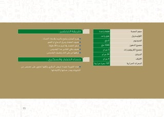 :‫التحضير‬ ‫طريقة‬
. ‫احل�ساء‬ ‫وعاء‬ ‫يف‬ ‫بالزيت‬ ‫ي�شوح‬ ‫و‬ ‫الب�صل‬ ‫يفرم‬ o
‫اللحم‬ ‫او‬ ‫الدجاج‬ ‫ومرق‬ ‫اخل�ضار‬ ‫ن�ضيف‬
.‫دقيقة‬ 25 ‫مدة‬ ‫املرق‬ ‫يف‬ ‫اخل�ضار‬ ‫ت�سلق‬
.‫البقدون�س‬ ‫عدا‬ ‫املقادير‬ ‫باقي‬ ‫ن�ضيف‬
.‫البقدون�س‬ ‫ون�ضيف‬ ‫النار‬ ‫على‬ ‫من‬ ‫نرفعها‬
: ‫والسكري‬ ‫الخضار‬ ‫حساء‬
‫من‬ ‫ح�ص�ص‬ ‫على‬ ‫حتتوي‬ ‫ولكنها‬ ‫ال�سكري‬ ‫ملري�ض‬ ‫مفيدة‬ ‫ال�شوربة‬ ‫هذه‬
.‫لها‬ ‫واالنتباه‬ ‫ح�سابها‬ ‫يجدر‬ ‫الن�شويات‬
‫واحدة‬ ‫قطعة‬ ‫احل�صة‬ ‫حجم‬
‫واحد‬ ‫طبق‬ ‫الكولي�سرتول‬
‫ملغ‬ 0 ‫ال�صوديوم‬
‫ملغ‬ 1049 ‫الدهون‬ ‫جمموع‬
‫جرام‬ 3 ‫الكربوهيدرات‬ ‫جمموع‬
‫جرام‬ 24 ‫الربوتني‬
‫جرام‬ 4 ‫االلياف‬
‫حرارية‬ ‫�سعرة‬ 137 ‫احلرارية‬ ‫ال�سعرات‬
19
 