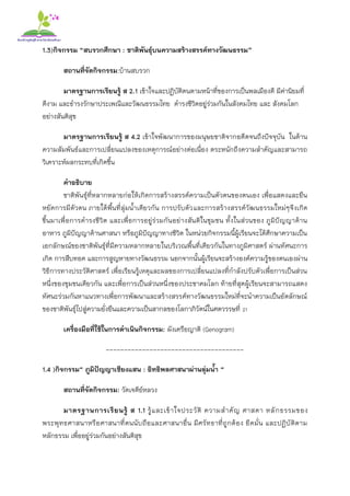1.3)กิจกรรม “สบรวกศึกษา : ชาติพันธุ์บนความสร้างสรรค์ทางวัฒนธรรม”
สถานที่จัดกิจกรรม:บ้านสบรวก
มาตรฐานการเรียนรู้ ส 2.1 เข้าใจและปฏิบัติตนตามหน้าที่ของการเป็นพลเมืองดี มีค่านิยมที่
ดีงาม และธารงรักษาประเพณีและวัฒนธรรมไทย ดารงชีวิตอยู่ร่วมกันในสังคมไทย และ สังคมโลก
อย่างสันติสุข
มาตรฐานการเรียนรู้ ส 4.2 เข้าใจพัฒนาการของมนุษยชาติจากอดีตจนถึงปัจจุบัน ในด้าน
ความสัมพันธ์และการเปลี่ยนแปลงของเหตุการณ์อย่างต่อเนื่อง ตระหนักถึงความสาคัญและสามารถ
วิเคราะห์ผลกระทบที่เกิดขึ้น
คาอธิบาย
ชาติพันธุ์ที่หลากหลายก่อให้เกิดการสร้างสรรค์ความเป็นตัวตนของตนเอง เพื่อแสดงและยืน
หยัดการมีตัวตน ภายใต้พื้นที่ลุ่มน้าเดียวกัน การปรับตัวและการสร้างสรรค์วัฒนธรรมใหม่ๆจึงเกิด
ขึ้นมาเพื่อการดารงชีวิต และเพื่อการอยู่ร่วมกันอย่างสันติในชุมชน ทั้งในส่วนของ ภูมิปัญญาด้าน
อาหาร ภูมิปัญญาด้านศาสนา หรือภูมิปัญญาทางชีวิต ในหน่วยกิจกรรมนี้ผู้เรียนจะได้ศึกษาความเป็น
เอกลักษณ์ของชาติพันธุ์ที่มีความหลากหลายในบริเวณพื้นที่เดียวกันในทางภูมิศาสตร์ ผ่านทัศนะการ
เกิด การสืบทอด และการสูญหายทางวัฒนธรรม นอกจากนั้นผู้เรียนจะสร้างองค์ความรู้ของตนเองผ่าน
วิธีการทางประวัติศาสตร์ เพื่อเรียนรู้เหตุและผลของการเปลี่ยนแปลงที่กาลังปรับตัวเพื่อการเป็นส่วน
หนึ่งของชุมชนเดียวกัน และเพื่อการเป็นส่วนหนึ่งของประชาคมโลก ท้ายที่สุดผู้เรียนจะสามารถแสดง
ทัศนะร่วมกันหาแนวทางเพื่อการพัฒนาและสร้างสรรค์ทางวัฒนธรรมใหม่ที่จะนาความเป็นอัตลักษณ์
ของชาติพันธุ์ไปสู่ความยั่งยืนและความเป็นสากลของโลกาภิวัตน์ในศตวรรษที่ 21
เครื่องมือที่ใช้ในการดาเนินกิจกรรม: ผังเครือญาติ (Genogram)
--------------------------------------
1.4 )กิจกรรม“ ภูมิปัญญาเชียงแสน : อิทธิพลศาสนาผ่านลุ่มน้า “
สถานที่จัดกิจกรรม: วัดเจดีย์หลวง
มาตรฐานการเรียนรู้ ส 1.1 รู้และเข้าใจประวัติ ความสาคัญ ศาสดา หลักธรรมของ
พระพุทธศาสนาหรือศาสนาที่ตนนับถือและศาสนาอื่น มีศรัทธาที่ถูกต้อง ยึดมั่น และปฏิบัติตาม
หลักธรรม เพื่ออยู่ร่วมกันอย่างสันติสุข
 