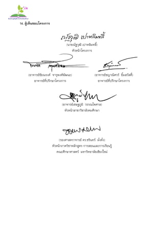 14. ผู้เห็นชอบโครงการ
(นายณัฐวุฒิ เปาหลิมหลี้)
หัวหน้าโครงการ
(อาจารย์ชัยณรงค์ จารุพงศ์พัฒนะ) (อาจารย์ชญาณิศวร์ ยิ้มสวัสดิ์)
อาจารย์ที่ปรึกษาโครงการ อาจารย์ที่ปรึกษาโครงการ
(อาจารย์เชษฐภูมิ วรรณไพศาล)
หัวหน้าสาขาวิชาสังคมศึกษา
(รองศาสตราจารย์ ดร.ชรินทร์ มั่งคั่ง)
หัวหน้าภาควิชาหลักสูตร การสอนและการเรียนรู้
คณะศึกษาศาสตร์ มหาวิทยาลัยเชียงใหม่
 