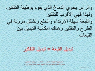 ‫الت‬ ‫بوظيفة‬ ‫يقوم‬ ‫الذي‬ ‫الدماغ‬ ‫يحوي‬ ‫والرأس‬،‫فكير‬
‫للتفكير‬ ‫األقرب‬ ‫فهي‬ ‫ولهذا‬
‫مرون‬ ‫وتشكل‬ ‫والخلع‬ ‫اإلرتداء‬ ‫سهلة‬ ‫والقبعة‬‫في‬ ‫ة‬
‫ب‬ ‫التبديل‬ ‫امكانية‬ ‫وهناك‬ ‫والتفكير‬ ‫الطرح‬‫ين‬
‫القبعات‬
‫القبعة‬ ‫تبديل‬=‫التفكير‬ ‫تبديل‬
16520175
 