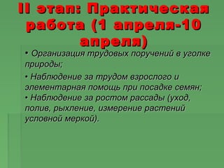II этап: ПрактическаяII этап: Практическая
работа (1 апреля-10работа (1 апреля-10
апреля)апреля)
•• Организация трудовых поручений в уголкеОрганизация трудовых поручений в уголке
природы;природы;
•• Наблюдение за трудом взрослого иНаблюдение за трудом взрослого и
элементарная помощь при посадке семян;элементарная помощь при посадке семян;
• Наблюдение за ростом рассады (уход,• Наблюдение за ростом рассады (уход,
полив, рыхление, измерение растенийполив, рыхление, измерение растений
условной меркой).условной меркой).
 