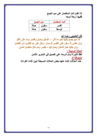 29
‫إذا‬‫تقدم‬‫المد‬‫المنفصل‬‫على‬‫مٌم‬‫الجمع‬
‫ففٌها‬‫أربعة‬‫أوجه‬
‫المنفصل‬ ‫المد‬‫الجمع‬ ‫مٌم‬
‫قصر‬‫سكون‬‫صلة‬
‫توسط‬‫سكون‬‫صلة‬
‫ال‬ ‫قال‬‫هللا‬ ‫رحمه‬ ً‫خلٌج‬
‫الحالة‬‫السابعة‬:
‫لفظ‬‫التوراة‬‫و‬‫شرحه‬ ‫تم‬‫على‬‫تفصٌل‬‫الثامن‬ ‫التحرٌر‬ ً‫ف‬
‫ملحوظة‬//
‫هذه‬‫القراءة‬ ‫أثناء‬ ‫تبٌن‬ ‫البسٌطة‬ ‫الحاَلت‬ ‫بعض‬ ‫عنها‬ ‫تنشؤ‬ ‫الحاَلت‬
 