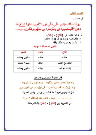 8
‫تعالى‬ ‫قوله‬
((َ‫ة‬ َ‫و‬ْ‫َع‬‫د‬ ُ‫ٌب‬ِ‫ج‬ُ‫أ‬ ۖ ٌ‫ٌب‬ِ‫ر‬َ‫ق‬ ًِّ‫ن‬ِ‫إ‬َ‫ف‬ ًِّ‫ن‬َ‫ع‬ ‫ِي‬‫د‬‫ا‬َ‫ب‬ِ‫ع‬ َ‫ك‬َ‫ل‬َ‫ؤ‬َ‫س‬ ‫ا‬َ‫ذ‬ِ‫إ‬ َ‫و‬ِ‫َّاع‬‫د‬‫ال‬‫ا‬َ‫ذ‬ِ‫إ‬
ۖ ِ‫ان‬َ‫ع‬َ‫د‬ًِ‫ب‬ ‫وا‬ُ‫ن‬ِ‫م‬ ْ‫إ‬ٌُْ‫ل‬ َ‫و‬ ًِ‫ل‬ ‫وا‬ُ‫ب‬ٌِ‫ج‬َ‫ت‬ْ‫س‬ٌَْ‫ل‬َ‫ف‬ْ‫م‬ُ‫ه‬َّ‫ل‬َ‫ع‬َ‫ل‬َ‫ُون‬‫د‬ُ‫ش‬ ْ‫ر‬ٌَ))‫البقرة‬ٔ8ٙ
( ً‫ف‬ ‫قالون‬ ‫عن‬ ‫ورد‬ِ‫اع‬َّ‫الد‬)-(َ‫د‬ِ‫ان‬َ‫ع‬)
ٔ-‫ووقفا‬ ‫وصَل‬ ‫الٌاء‬ ‫حذف‬)‫المقدم‬ ‫(وهو‬
ٕ-‫والحذف‬ ‫وصَل‬ ‫اإلثبات‬‫وقفا‬
‫فتكون‬‫المحصلة‬ٙ‫أوجه‬
‫الداع‬‫دعان‬‫لعلهم‬
‫حذف‬‫حذف‬‫وصلة‬ ‫سكون‬
‫القصر‬ ‫مع‬ ‫إثبات‬‫إثبات‬‫وصلة‬ ‫سكون‬
‫المد‬ ‫مع‬ ‫إثبات‬‫إثبات‬‫وصلة‬ ‫سكون‬
‫ق‬‫هللا‬ ‫رحمه‬ ً‫الخلٌج‬ ‫العَلمة‬ ‫ال‬
‫السمنودي‬ ‫شحاتة‬ ‫إبراهٌم‬ ‫الشٌخ‬ ‫قال‬‫المسرة‬ ً‫دواع‬ ً‫ف‬
(ِ‫الدَّاع‬)-(َ‫د‬ِ‫ان‬َ‫ع‬)‫وحذفا‬ ‫إثباتا‬. ‫بٌن‬ ‫التسوٌة‬ ‫أي‬
 