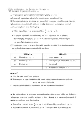 επζείαο κε εμίζσζε …. . θαη ηέκλεη ηνλ y΄y ζην ζεκείν …..
γ) Ο άμνλαο x΄x είλαη κηα επζεία κε ηύπν ….
Α. Τη γξακκή είλαη ε γξαθηθή παξάζηαζε ηεο ζπλάξηεζεο y x  ;
Γηέξρεηαη από ηελ αξρή ησλ αμόλσλ; Να δηθαηνινγήζεηε ηελ απάληεζή ζαο.
Β. Να ραξαθηεξίζεηε ηηο πξνηάζεηο πνπ αθνινπζνύλ γξάθνληαο ζηελ θόιια ζαο δίπια ζην
γξάκκα πνπ αληηζηνηρεί ζε θάζε πξόηαζε ηε ιέμε Σωζηό, αλ ε πξόηαζε είλαη ζσζηή, ή
Λάθος, αλ ε πξόηαζε είλαη ιαλζαζκέλε.
α. Κιίζε ηεο επζείαο y x  ιέγεηαη ν ιόγνο
x
a
y
 γηα 0y .
β. Ζ γξαθηθή παξάζηαζε ηεο ζπλάξηεζεο 3 5y x  πξνθύπηεη από ηε γξαθηθή
παξάζηαζε ηεο ζπλάξηεζεο 3y x , αλ ηε κεηαηνπίζνπκε παξάιιεια ζηνλ άμνλα
y΄y θαηά 5 κνλάδεο πξνο ηα πάλσ.
Γ. Σηνλ επόκελν πίλαθα λα αληηζηνηρίζεηε θάζε ζηνηρείν ηεο ζηήιεο Α κε έλα κόλν ζηνηρείν
ηεο ζηήιεο Β, ώζηε λα πξνθύςνπλ αιεζείο πξνηάζεηο.
ΣΤΗΛΗ Α ΣΤΗΛΗ Β
α) Ζ επζεία 3 2y x   1) είλαη ν άμνλαο x΄x
β) Ζ επζεία 2 1y x  2) είλαη παξάιιειε ζηελ επζεία 3 2y x 
γ) Ζ επζεία 0y  3) έρεη θιίζε 2
4) δηέξρεηαη από ην ζεκείν (0, 2)
ΘΕΜΑ 2Ο
Α. Πόηε δύν πνζά νλνκάδνληαη αλάινγα;
Β. Να αλαθέξεηε ηα θύξηα ραξαθηεξηζηηθά γηα ηελ γξαθηθή παξάζηαζε ησλ ζπλαξηήζεσλ:
y ax θαη ( 0)y ax    
Γ. Τη ζρέζε έρνπλ νη γξαθηθέο παξαζηάζεηο ησλ δύν παξαπάλσ ζπλαξηήζεσλ ;
Α. Να ραξαθηεξίζεηε ηηο πξνηάζεηο πνπ αθνινπζνύλ γξάθνληαο ζηελ θόιια ζαο δίπια ζην
γξάκκα πνπ αληηζηνηρεί ζε θάζε πξόηαζε ηε ιέμε Σωζηό, αλ ε πξόηαζε είλαη ζσζηή, ή
Λάθος, αλ ε πξόηαζε είλαη ιαλζαζκέλε.
α. Σηελ επζεία y a x  ν ιόγνο
y
a
x
 , γηα 0x ιέγεηαη θιίζε ηεο επζείαο y a x  .
β. Ζ γξαθηθή παξάζηαζε ηεο ζπλάξηεζεο y a x  είλαη κία επζεία πνπ δελ δηέξρεηαη
 
