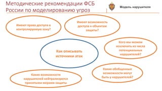 Методические рекомендации ФСБ
России по моделированию угроз
Как описывать
источники атак
Имеют право доступа в
контролируемую зону?
Имеют возможность
доступа к объектам
защиты?
Кого мы можем
исключить из числа
потенциальных
нарушителей?
Какие обобщенные
возможности могут
быть у нарушителей?
Какие возможности
нарушителей нейтрализуются
принятыми мерами защиты
Модель нарушителя
 