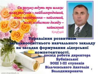 До розуму ведуть три шляхи:
шлях роздумів – найблагородніший,
шлях наслідування – найлегший,
шлях особистого досвіду –
найважчий
Конфуцій
2
Управління розвитком
загальноосвітнього навчального закладу
на засадах формування лідерської
компетентності.
 