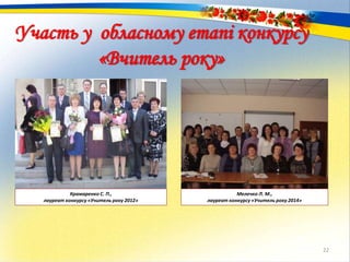 22
Участь у обласному етапі конкурсу
«Вчитель року»
Крамаренко С. П.,
лауреат конкурсу «Учитель року 2012»
Мелечко Л. М.,
лауреат конкурсу «Учитель року 2014»
 