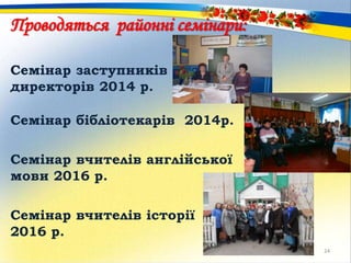 Проводяться районні семінари:
Семінар заступників
директорів 2014 р.
Семінар бібліотекарів 2014р.
Семінар вчителів англійської
мови 2016 р.
Семінар вчителів історії
2016 р.
24
 