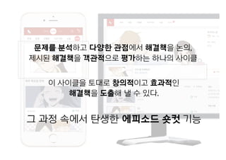 그 과정 속에서 탄생한 에피소드 숏컷 기능
문제를 분석하고 다양한 관점에서 해결책을 논의,
제시된 해결책을 객관적으로 평가하는 하나의 사이클
이 사이클을 토대로 창의적이고 효과적인
해결책을 도출해 낼 수 있다.
 