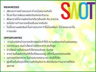 WEAKNESSES
• เสียเวลาการสร้างแบรนด์ เถ้าแก่น้อยนานเกินไป
• ใช้เวลาในการพัฒนาผลิตภัณฑ์แต่ละตัวนาน
• พึ่งพารายได้จากผลิตภัณฑ์เดียวเป็นหลัก คือ สาหร่าย
• ยังไม่มีการทําตลาดเครื่องดื่มอย่างจริงจัง
• ไม่มีโรงงานผลิตสินค้าในต่างประเทศ ทําให้ต้องเสียค่า ใช้จ่ายและเวลาใน
การขนส่ง
OPPORTUNITIES
• การนําบริษัทเข้าตลาดหลักทรัพย์จะทําให้มี ความแข็งแกร่งด้านเงินลงทุน
• ตลาดSnack เช่นข้าวโพดข้าวมีอัตราการ เติบโตสูง
• ข้าวโพดข้าวเป็นSnackทั่วโลกยอมรับและ คุ้นเคย
• สาหร่ายเป็นผลิตภัณฑ์ที่เป็นที่นิยมของผู้ บริโภคในตลาดแถบเอเชีย
• ตลาดธุรกิจสาหร่าย ในต่างประเทศสามารถ เติบโตได้อีก
• ผู้บริโภคในปัจจุบันให้ความสําคัญกับการ เลือกรับประทานอาหารที่ดีต่อ
สุขภาพ
 