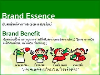 Brand Essence
Brand Benefit
à»็¹ÊÒËÃ่ÒÂá·้¨Ò¡à¡ÒËÅÕ ÍÃ่ÍÂ áÅÐÁÕ»ÃÐâÂª¹์
à»็¹ÊÒËÃ่ÒÂ·Õ่¹ํ้Òà¢้ÒÁÒ¨Ò¡»ÃÐà·Èà¡ÒËÅÕ«Ö่§à»็¹ÊÒËÃ่ÒÂ·ÐàÅ (ÊÒËÃ่ÒÂÊÕá´§) *(ÊÒËÃ่ÒÂ·ÐàÅà»็¹
áËÅ่§·Õ่´Õ¢Í§â»ÃµÕ¹ áÅÐäÍâÍ´Õ¹ ÁÕãÂÍÒËÒÃÊÙ§)
 