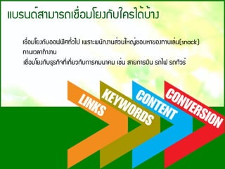 áºÃ¹´์ÊÒÁÒÃ¶àª×่ÍÁâÂ§¡Ñºã¤Ãä´้º้Ò§
àª×่ÍÁâÂ§¡ÑºÍÍ¿¿ÔÈ·Ñ่Çä» à¾ÃÒÐ¾¹Ñ¡§Ò¹Ê่Ç¹ãË­่ªÍºËÒ¢Í§·Ò¹àÅ่¹(snack)
·Ò¹àÇÅÒ·ํÒ§Ò¹
àª×่ÍÁâÂ§¡Ñº¸ØÃ¡Ô¨·Õ่à¡Õ่ÂÇ¡Ñº¡ÒÃ¤Á¹Ò¤Á àª่¹ ÊÒÂ¡ÒÃºÔ¹ Ã¶ä¿ Ã¶·ÑÇÃ์
 