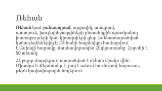 Ռեհան
Ռեհան կամ շահասպրամ, արքայիկ, ասպրամ,
պատրուճ, խուլեղինջազգիների ընտանիքին պատկանող
խոտաբույսերի կամ կիսաթփերի ցեղ։ Ամենատարածված
կանաչեղեններից է։ Ռեհանի հայրենիքը համարվում
է Ասիայի հարավը, մասնավորապես Հնդկաստանը։ Հայտնի է
50 տեսակ։
ՀՀ բոլոր մարզերում տարածված է ռեհան մշակո վին։
Միամյա է։ Ջերմասեր է, լավ է աճում հումուսով հարուստ,
թեթև կավավազային հողերում։
 