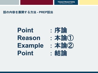 話の内容を展開する方法 - PREP話法
Point
Reason
Example
Point
：序論
：本論①
：本論②
：結論
 