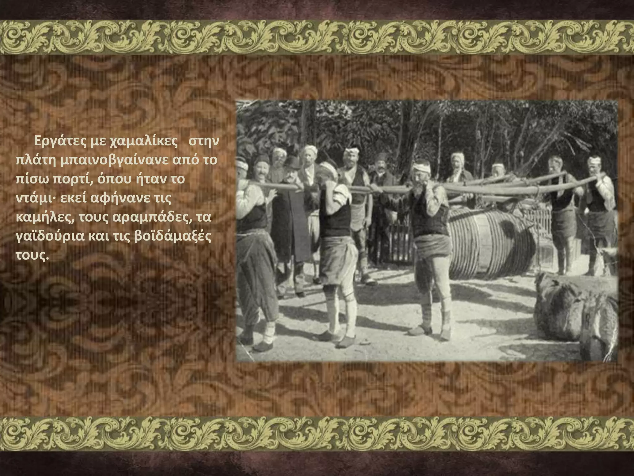 Εργάτες με χαμαλίκες στην
πλάτη μπαινοβγαίνανε από το
πίσω πορτί, όπου ήταν το
ντάμι· εκεί αφήνανε τις
καμήλες, τους αραμπάδες, τα
γαϊδούρια και τις βοϊδάμαξές
τους.
 