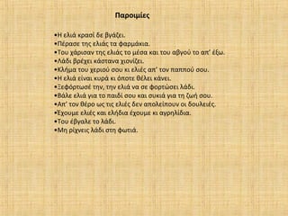 Παροιμίες
•Η ελιά κρασί δε βγάζει.
•Πέρασε της ελιάς τα φαρμάκια.
•Του χάρισαν της ελιάς το μέσα και του αβγού το απ’ έξω.
•Λάδι βρέχει κάστανα χιονίζει.
•Κλήμα του χεριού σου κι ελιές απ’ τον παππού σου.
•Η ελιά είναι κυρά κι όποτε θέλει κάνει.
•Ξεφόρτωσέ την, την ελιά να σε φορτώσει λάδι.
•Βάλε ελιά για το παιδί σου και συκιά για τη ζωή σου.
•Απ’ τον θέρο ως τις ελιές δεν απολείπουν οι δουλειές.
•Έχουμε ελιές και ελήδια έχουμε κι αγρηλίδια.
•Του έβγαλε το λάδι.
•Μη ρίχνεις λάδι στη φωτιά.
 