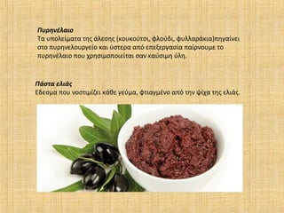 Πάστα ελιάς
Εδεσμα που νοστιμίζει κάθε γεύμα, φτιαγμένο από την ψίχα της ελιάς.
Πυρηνέλαιο
Τα υπολείματα της άλεσης (κουκούτσι, φλούδι, φυλλαράκια)πηγαίνει
στο πυρηνελουργείο και ύστερα από επεξεργασία παίρνουμε το
πυρηνέλαιο που χρησιμοποιείται σαν καύσιμη ύλη.
 