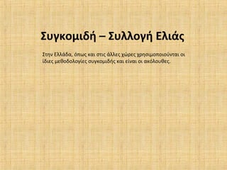 Συγκομιδή – Συλλογή Ελιάς
Στην Ελλάδα, όπως και στις άλλες χώρες χρησιμοποιούνται οι
ίδιες μεθοδολογίες συγκομιδής και είναι οι ακόλουθες.
 