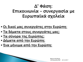 Δ’ Φάση:
Επικοινωνία – συνεργασία με
Ευρωπαϊκά σχολεία
 Οι δικοί μας συνεργάτες στην Ευρώπη:
 Τα δέματα στους συνεργάτες μας:
 Τα σύνορα της Ευρώπης:
 Δέματα από την Ευρώπη:
 Ένα μήνυμα από την Ευρώπη:
Μαρία Κλειδαρά,
νηπιαγωγός,med 22/5/2017
 