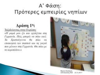 Δράση 1η:
Ταξιδεύοντας στην Ευρώπη:
«Η μαμά μου ζει και εργάζεται στη
Γερμανία. Πώς μπορώ να πάω εκεί;
Τα Χριστούγεννα θα πάω να
επισκεφτώ τον παππού και τη γιαγιά
που μένουν στη Γερμανία. Θα πάω με
το αεροπλάνο.»
Μαρία Κλειδαρά,
νηπιαγωγός,med 22/5/2017
 