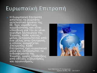  Η Ευρωπαϊκή Επιτροπή
αποτελεί το ανώτατο
εκτελεστικό όργανο της
ΕΕ. Έχει νομοθετικές
αρμοδιότητες και είναι
υπεύθυνη για την εν γένει
εύρυθμη λειτουργία της
Ένωσης. Κάθε κράτος-
μέλος εκπροσωπείται από
ένα μέλος στην Επιτροπή,
ο οποίος ονομάζεται
Επίτροπος. Κάθε
Επίτροπος έχει ευρωπαϊκό
ρόλο και εκπροσωπεί τα
ενδιαφέροντα της
Ένωσης, χωρίς υποδείξεις
από εθνικές κυβερνήσεις
και οργανισμούς.
22/5/2017
Εγκε Ριζά Ογλού Ε'1 2ο Δημοτικό
σχολείο Ξάνθης Τ4Ε 14
 