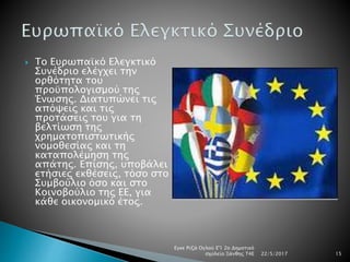  Το Ευρωπαϊκό Ελεγκτικό
Συνέδριο ελέγχει την
ορθότητα του
προϋπολογισμού της
Ένωσης. Διατυπώνει τις
απόψεις και τις
προτάσεις του για τη
βελτίωση της
χρηματοπιστωτικής
νομοθεσίας και τη
καταπολέμηση της
απάτης. Επίσης, υποβάλει
ετήσιες εκθέσεις, τόσο στο
Συμβούλιο όσο και στο
Κοινοβούλιο της ΕΕ, για
κάθε οικονομικό έτος.
22/5/2017
Εγκε Ριζά Ογλού Ε'1 2ο Δημοτικό
σχολείο Ξάνθης Τ4Ε 15
 