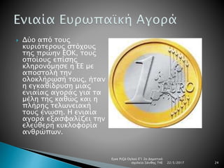  Δύο από τους
κυριότερους στόχους
της πρώην ΕΟΚ, τους
οποίους επίσης
κληρονόμησε η ΕΕ με
αποστολή την
ολοκλήρωσή τους, ήταν
η εγκαθίδρυση μιας
ενιαίας αγοράς για τα
μέλη της καθώς και η
πλήρης τελωνειακή
τους ένωση. Η ενιαία
αγορά εξασφαλίζει την
ελεύθερη κυκλοφορία
ανθρώπων.
22/5/2017
Εγκε Ριζά Ογλού Ε'1 2ο Δημοτικό
σχολείο Ξάνθης Τ4Ε 24
 