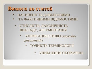 ВимогиВимоги до статейдо статей
• СТИСЛІСТЬ, ЛАКОНІЧНІСТЬ
ВИКЛАДУ, АРГУМЕНТАЦІЯ
• УНІФІКАЦІЯ СТИЛЮ (науково-
довідковий)
• ТОЧНІСТЬ ТЕРМІНОЛОГІЇ
• НАСИЧЕНІСТЬ ДОВІДКОВИМИ
• ТА ФАКТИЧНИМИ ВІДОМОСТЯМИ
• УНИКНЕННЯ СКОРОЧЕНЬ
 