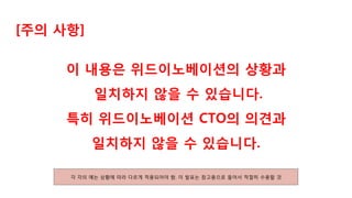 이 내용은 위드이노베이션의 상황과
일치하지 않을 수 있습니다.
특히 위드이노베이션 CTO의 의견과
일치하지 않을 수 있습니다.
[주의 사항]
각 각의 예는 상황에 따라 다르게 적용되어야 함. 이 발표는 참고용으로 들어서 적절히 수용할 것
 