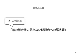 「花の卸会社の⾒えない問題点への解決策」
発想のお題
（チームで選んだ）
45
 