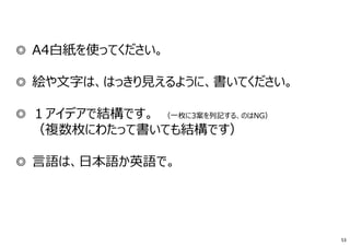 ◎ A4白紙を使ってください。
◎ 絵や⽂字は、はっきり⾒えるように、書いてください。
◎ １アイデアで結構です。 （一枚に3案を列記する、のはNG）
（複数枚にわたって書いても結構です）
◎ 言語は、日本語か英語で。
53
 