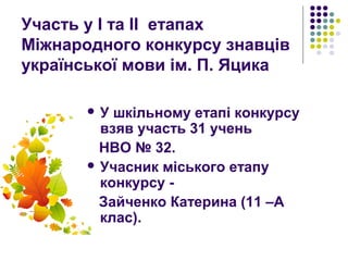 Участь у І та ІІ етапах
Міжнародного конкурсу знавців
української мови ім. П. Яцика
 У шкільному етапі конкурсу
взяв участь 31 учень
НВО № 32.
 Учасник міського етапу
конкурсу -
Зайченко Катерина (11 –А
клас).
 