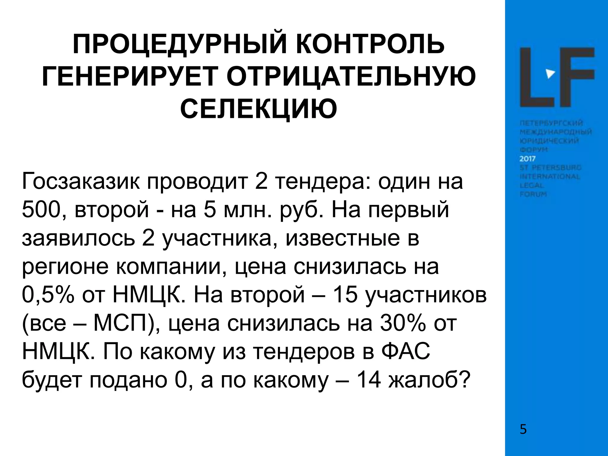 ПРОЦЕДУРНЫЙ КОНТРОЛЬ
ГЕНЕРИРУЕТ ОТРИЦАТЕЛЬНУЮ
СЕЛЕКЦИЮ
Госзаказик проводит 2 тендера: один на
500, второй - на 5 млн. руб. На первый
заявилось 2 участника, известные в
регионе компании, цена снизилась на
0,5% от НМЦК. На второй – 15 участников
(все – МСП), цена снизилась на 30% от
НМЦК. По какому из тендеров в ФАС
будет подано 0, а по какому – 14 жалоб?
5
 