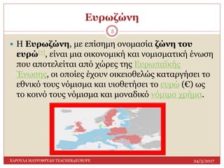 Ευρωζώνη
24/5/2017ΧΑΡΟΥΛΑ ΜΑΥΡΟΦΡΥΔΗ TEACHER4EUROPE
5
 Η Ευρωζώνη, με επίσημη ονομασία ζώνη του
ευρώ[7], είναι μια οικονομική και νομισματική ένωση
που αποτελείται από χώρες της Ευρωπαϊκής
Ένωσης, οι οποίες έχουν οικειοθελώς καταργήσει το
εθνικό τους νόμισμα και υιοθετήσει το ευρώ (€) ως
το κοινό τους νόμισμα και μοναδικό νόμιμο χρήμα.
 