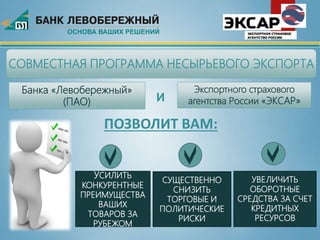 СОВМЕСТНАЯ ПРОГРАММА НЕСЫРЬЕВОГО ЭКСПОРТА
Банка «Левобережный»
(ПАО)
Экспортного страхового
агентства России «ЭКСАР»И
ПОЗВОЛИТ ВАМ:
СУЩЕСТВЕННО
СНИЗИТЬ
ТОРГОВЫЕ И
ПОЛИТИЧЕСКИЕ
РИСКИ
УСИЛИТЬ
КОНКУРЕНТНЫЕ
ПРЕИМУЩЕСТВА
ВАШИХ
ТОВАРОВ ЗА
РУБЕЖОМ
УВЕЛИЧИТЬ
ОБОРОТНЫЕ
СРЕДСТВА ЗА СЧЕТ
КРЕДИТНЫХ
РЕСУРСОВ
 