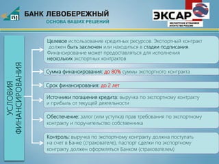 УСЛОВИЯ
ФИНАНСИРОВАНИЯ
Целевое использование кредитных ресурсов. Экспортный контракт
должен быть заключен или находиться в стадии подписания.
Финансирование может предоставляться для исполнения
нескольких экспортных контрактов
Сумма финансирования: до 80% суммы экспортного контракта
Срок финансирования: до 2 лет
Источники погашения кредита: выручка по экспортному контракту
и прибыль от текущей деятельности
Обеспечение: залог (или уступка) прав требования по экспортному
контракту и поручительство собственника
Контроль: выручка по экспортному контракту должна поступать
на счет в Банке (страхователе), паспорт сделки по экспортному
контракту должен оформляться Банком (страхователем)
 