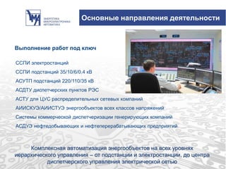 Основные направления деятельности
Комплексная автоматизация энергообъектов на всех уровнях
иерархического управления – от подстанции и электростанции, до центра
диспетчерского управления электрической сетью
ССПИ электростанций
ССПИ подстанций 35/10/6/0.4 кВ
АСУТП подстанций 220/110/35 кВ
АСДТУ диспетчерских пунктов РЭС
АСТУ для ЦУС распределительных сетевых компаний
АИИСКУЭ/АИИСТУЭ энергообъектов всех классов напряжений
Системы коммерческой диспетчеризации генерирующих компаний
АСДУЭ нефтедобывающих и нефтеперерабатывающих предприятий
Выполнение работ под ключ
 