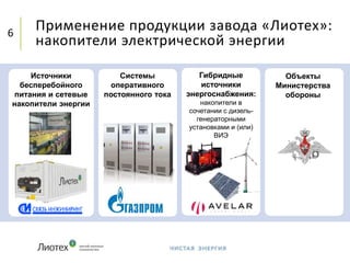Применение продукции завода «Лиотех»:
накопители электрической энергии
6
Источники
бесперебойного
питания и сетевые
накопители энергии
Системы
оперативного
постоянного тока
Гибридные
источники
энергоснабжения:
накопители в
сочетании с дизель-
генераторными
установками и (или)
ВИЭ
Объекты
Министерства
обороны
 