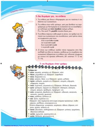 ™™™¯¯¯ËËËÌÌÌ··ÙÙ››˙˙˙˙ˆˆ ÏÏ¤¤ÍÍÍÂÂÈÈ˜˜˜
106
Γράφω σε:
• -αίος: ακμαίος, γενναίος κ.ά. Εξαίρεση: νέος
• -λέος: ρωμαλέος κ.ά. Εξαίρεση: κεφαλαίος
• -τέος: διαιρετέος κ.ά.
• -είος: αστείος, λείος κ.ά. Εξαίρεση: κρύος, γελοίος
• -ηρός: ανθηρός, ζωηρός κ.ά. Εξαίρεση: ισχυρός, αλμυρός,
γλαφυρός, οχυρός
• -ικός: ευγενικός, γνωστικός κ.ά. Εξαίρεση: θηλυκός, δανεικός
• -ιμος: χρήσιμος, νόμιμος κ.ά. Εξαίρεση: διάσημος, άσχημος,
    έτοιμος, έρημος, πρόθυμος, περίφημος κ.ά.
• -ινός: αντικρινός, βραδινός κ.ά. Εξαίρεση: ελεεινός, σκοτεινός,
    ταπεινός, υγιεινός, φωτεινός
• -ινος: μάλλινος, ξύλινος κ.ά.
• -ιος: άγιος, ουράνιος κ.ά.
   Εξαίρεση: όσα παράγονται από κύρια ονόματα προσώπων: πυθα-
   γόρειος, αχίλλειος, επικούρειος κ.ά.
   Επίσης εξαιρούνται: γυναικείος, αντρίκειος, άδειος, βόρειος, επί-
   γειος, όμοιος, τέλειος κ.ά.
• -ίσιος: βουνίσιος, παλικαρίσιος κ.ά. Εξαίρεση: γνήσιος, ημερήσιος,
    Ιθακήσιος (εθνικά)
• -ωπός: αγριωπός, πρασινωπός κ.ά.
• -ωτός: θολωτός, φουντωτός κ.ά.
Τι θα θυμάμαι για... τα επίθετα
1. Τα επίθετα μας δίνουν πληροφορίες για την ποιότητα ή την
ιδιότητα των ουσιαστικών.
2. Τα επίθετα είναι πολύ χρήσιμα, γιατί μας βοηθούν να περι-
γράψουμε με λεπτομέρεια το ουσιαστικό και να καταλάβου-
με καλύτερα για ποιο ακριβώς πράγμα μιλάμε.
    Π.χ. Όχι αυτή! Τη μεγάλη πετσέτα δώσε μου.
2. Τα επίθετα παίρνουν κάθε φορά το γένος, τον αριθμό και την
πτώση των ουσιαστικών που συνοδεύουν, γιατί πρέπει πάντα
να συμφωνούν μαζί τους:
	 	 ένας ευγενικός κύριος
	 	 τον ευγενικό κύριο
	 	 δυο ευγενικοί κύριοι
	 	 η ευγενική κυρία
4. Ο τόνος των επιθέτων σχεδόν πάντα παραμένει στην ίδια
συλλαβή σε όλες τις πτώσεις, αντίθετα με ό,τι συμβαίνει στα
ουσιαστικά (εξαιρούνται τα επίθετα που κλίνονται σύμφωνα
με τύπους της αρχαίας ελληνικής, βλ. ενότητες 7.1 Ζ και
7.1 Η).
Τι να θυμάμαι όταν γράφω
100138 ����������.indd 106 10/4/2013 1:24:14 µµΕπιμέλεια επανάληψης: Χρήστος Χαρμπής http://xristx.blogspot.gr σελ.31
 