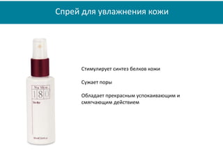 Спрей для увлажнения кожи
Стимулирует синтез белков кожи
Сужает поры
Обладает прекрасным успокаивающим и
смягчающим действием
 